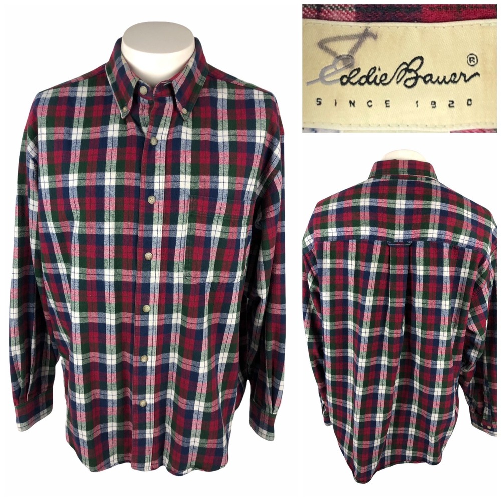 Eddie Bauer Mens Flannel Shirt Size Large Multicolor Plaid Casual Cotton Vintage